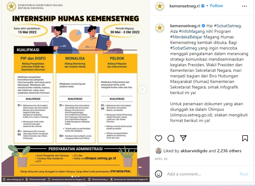 Tangkapan layar Instagram resmi Kemensetneg tentang program magang.